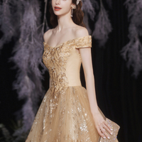 Gold tulle sequins long A line prom dress evening dress - Thumbnail 1