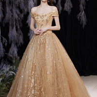 Gold tulle sequins long A line prom dress evening dress - Thumbnail 2