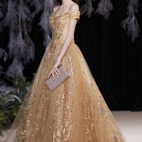 Gold tulle sequins long A line prom dress evening dress - Thumbnail 3