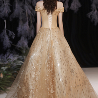 Gold tulle sequins long A line prom dress evening dress - Thumbnail 5