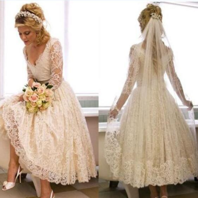Tea length country style short bridal gowns with illusion 3/4 sleeves  - Thumbnail 4