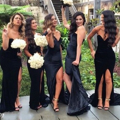 A line satin black sweetheart long bridesmaid dress - Thumbnail 2