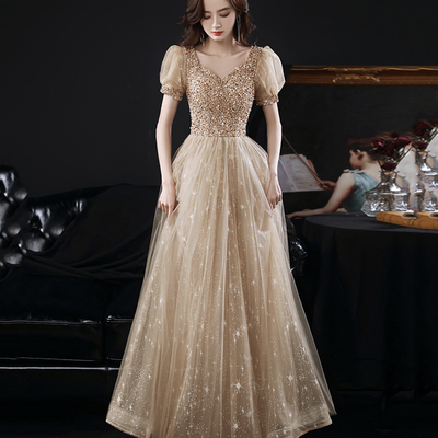 Gold tulle beads long a line prom dress evening dress - Thumbnail 3