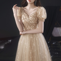 Gold tulle beads long A line prom dress evening dress - Thumbnail 1
