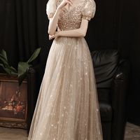 Gold tulle beads long A line prom dress evening dress - Thumbnail 2