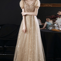 Gold tulle beads long A line prom dress evening dress - Thumbnail 3