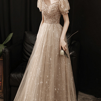 Gold tulle beads long A line prom dress evening dress - Thumbnail 4