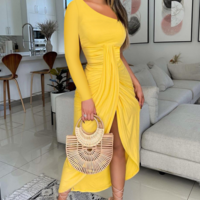 Solid Color High Waist Sexy Yellow Split Dress - Thumbnail 2