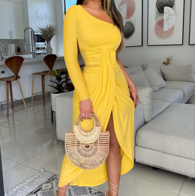 Solid Color High Waist Sexy Yellow Split Dress