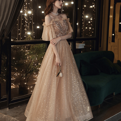 Gold sequins long a line prom dress evening dress - Thumbnail 3