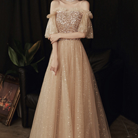 Gold sequins long A line prom dress evening dress - Thumbnail 1