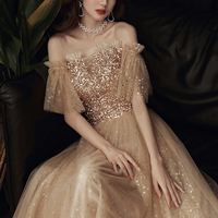 Gold sequins long A line prom dress evening dress - Thumbnail 2