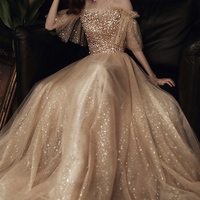 Gold sequins long A line prom dress evening dress - Thumbnail 3