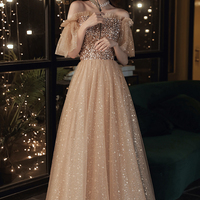 Gold sequins long A line prom dress evening dress - Thumbnail 4