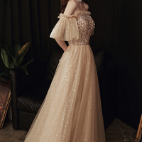 Gold sequins long A line prom dress evening dress - Thumbnail 5