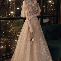 Gold sequins long A line prom dress evening dress - Thumbnail 8