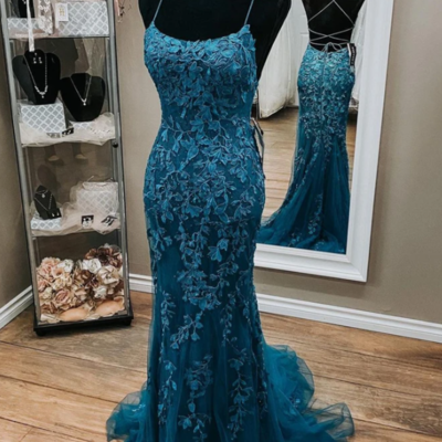 Mermaid backless dark teal lace long prom dress - Thumbnail 5