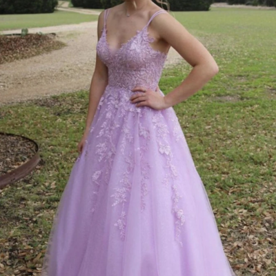 Purple v neck lace long prom dress, lilac lace formal dress - Thumbnail 4