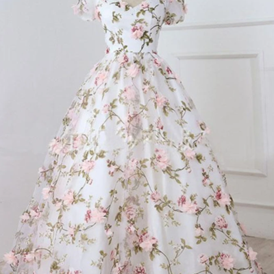 A line v neck pink 3d flower long prom dress ,formal dress - Thumbnail 4