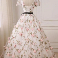 A Line V Neck Pink 3D Flower Long Prom Dress ,Formal Dress - Thumbnail 1