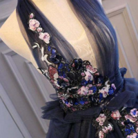 Deep V Neck Backless Navy Blue Tulle Prom Dresses Evening Dresses - Thumbnail 2