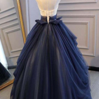 Deep V Neck Backless Navy Blue Tulle Prom Dresses Evening Dresses - Thumbnail 3
