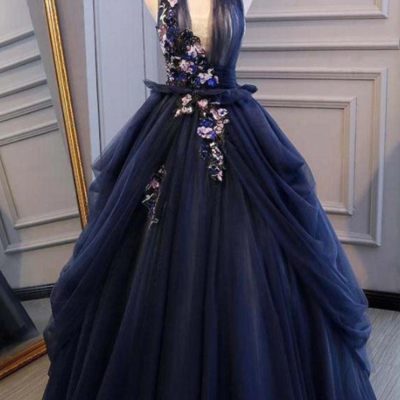 Deep v neck backless navy blue tulle prom dresses evening dresses - Thumbnail 3