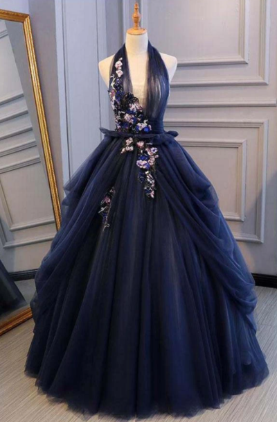 Deep V Neck Backless Navy Blue Tulle Prom Dresses Evening Dresses
