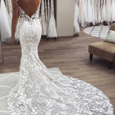 Vintage spaghetti strap mermaid lace wedding dress - Thumbnail 2