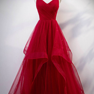 Floor length burgundy tulle prom dress formal dress - Thumbnail 4