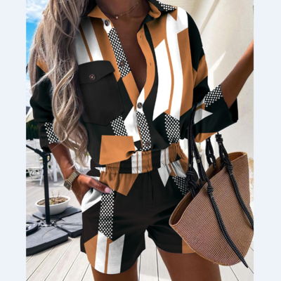 Casual Button Long Sleeve Shorts Set