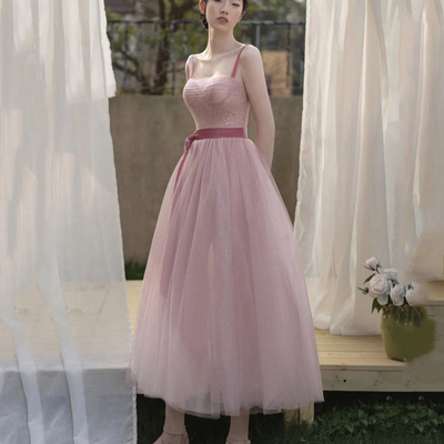 Pink tulle short a line prom dress evening dress - Thumbnail 3
