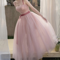Pink tulle short A line prom dress evening dress - Thumbnail 1