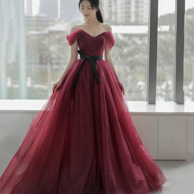 Burgundy tulle long a line prom dress evening dress - Thumbnail 2