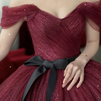 Burgundy tulle long A line prom dress evening dress - Thumbnail 4