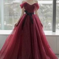Burgundy tulle long A line prom dress evening dress - Thumbnail 5