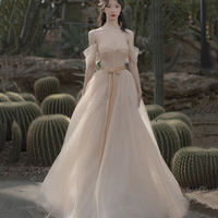 Pink tulle long A line prom dress pink evening dress - Thumbnail 5