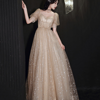 Champagne tulle long A line prom dress evening dress - Thumbnail 5