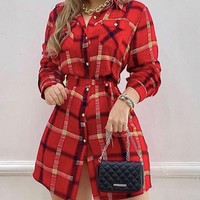Red Plaid Long Sleeve High Waist Dress - Thumbnail 1