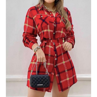 Red Plaid Long Sleeve High Waist Dress
