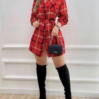Red Plaid Long Sleeve High Waist Dress - Thumbnail 2