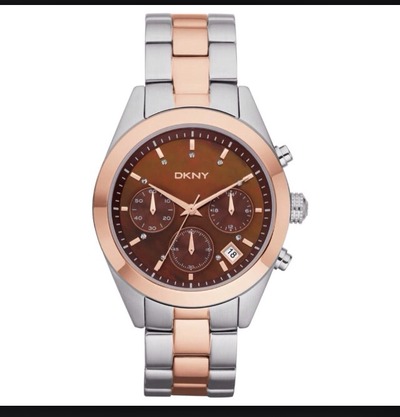 Description of dkny ladies nolita brown chronograph dial two tone stainless steel band watch [ny8515] 