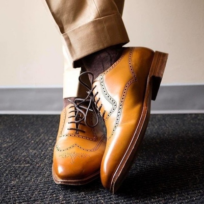 Christmas sale tan brown wingtip leather lace up wedding shoes - Thumbnail 4