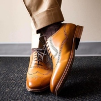 Christmas Sale Tan Brown Wingtip Leather Lace Up Wedding Shoes - Thumbnail 1