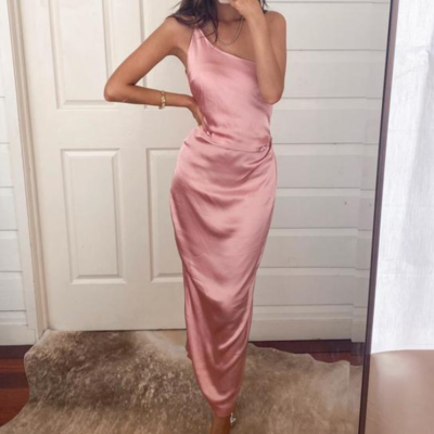 Sheath one shoulder blush pink satin evening dresses - Thumbnail 4