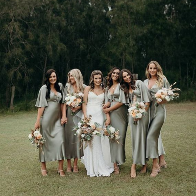 A line olive green silk satin long bridesmaid dresses  - Thumbnail 5