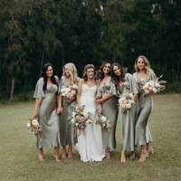 A Line Olive Green Silk Satin Long Bridesmaid Dresses  - Thumbnail 1
