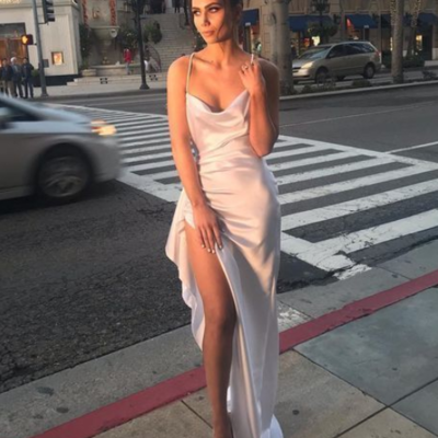 Cowl neck white satin long prom dresses with split - Thumbnail 5