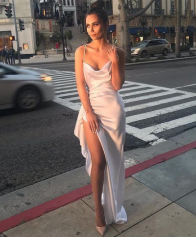 Cowl Neck White Satin Long Prom Dresses with Split