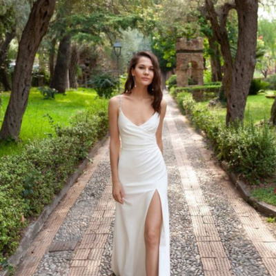 Mermaid v neck soft satin wedding dresses with split - Thumbnail 3